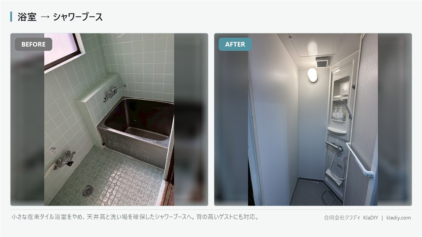 浴室からシャワーブースへのビフォーアフター